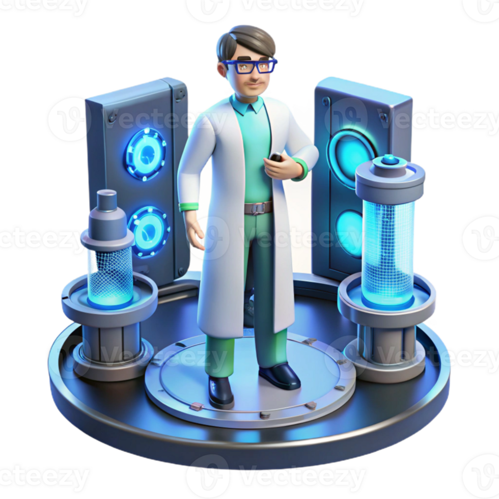 beautiful modern elegant artistic A scientist working in a futuristic laboratory, surrounded by holographic displays and advanced technology, cool blue lighting, minimalist style authentic... png