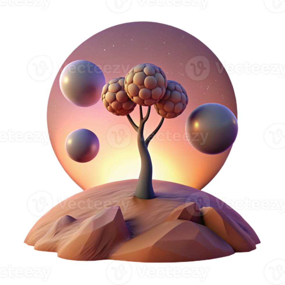 vibrant contemporary dramatic abstract A lone tree standing on a desolate planet with two moons in the sky, melancholic sunset lighting, surreal style exclusive high quality png