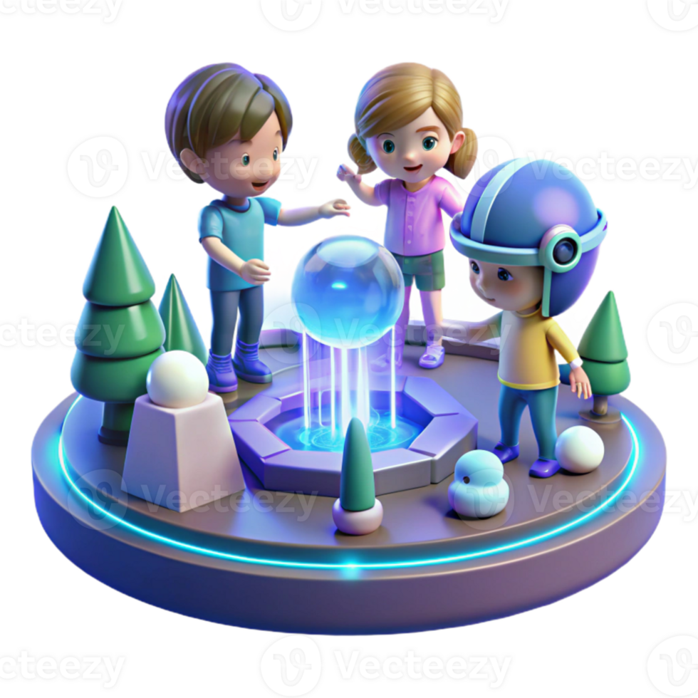 dramatic contemporary elegant minimalist A group of children playing with holographic toys in a futuristic park, bright, cheerful lighting, cartoon style high quality genuine png