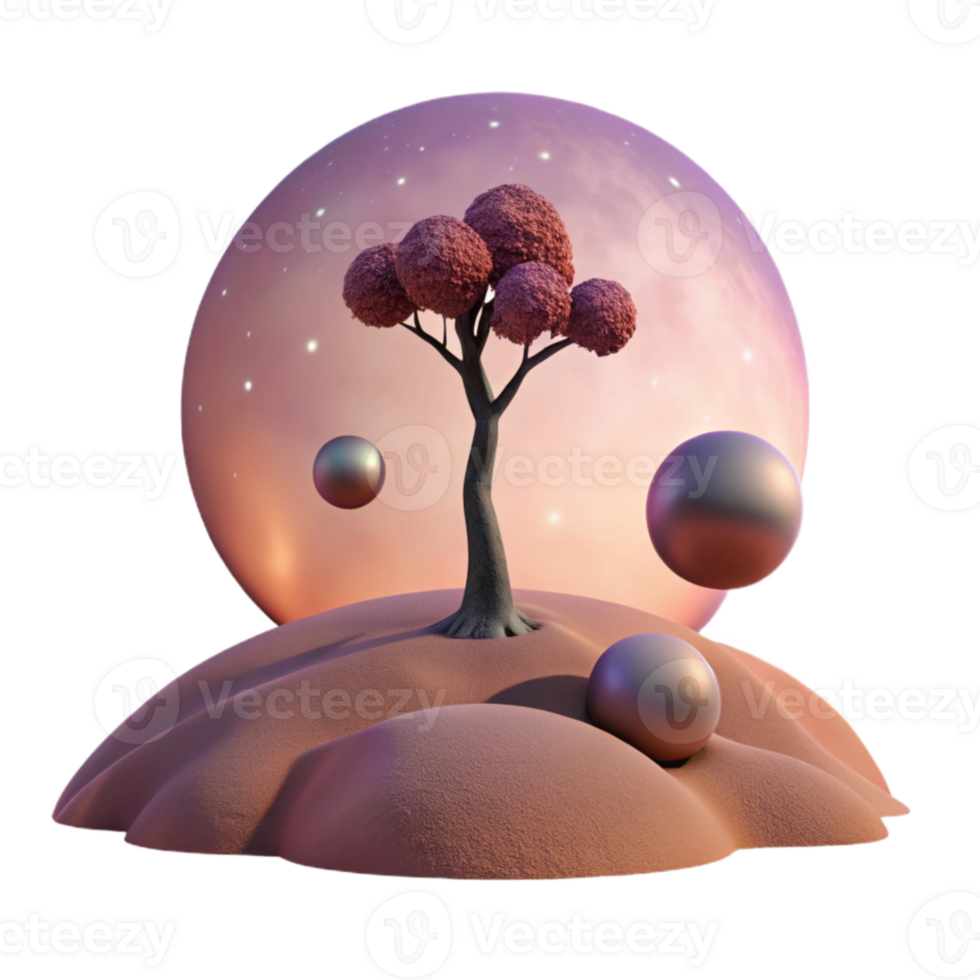 vibrant modern stunning modern A lone tree standing on a desolate planet with two moons in the sky, melancholic sunset lighting, surreal style high resolution premium png