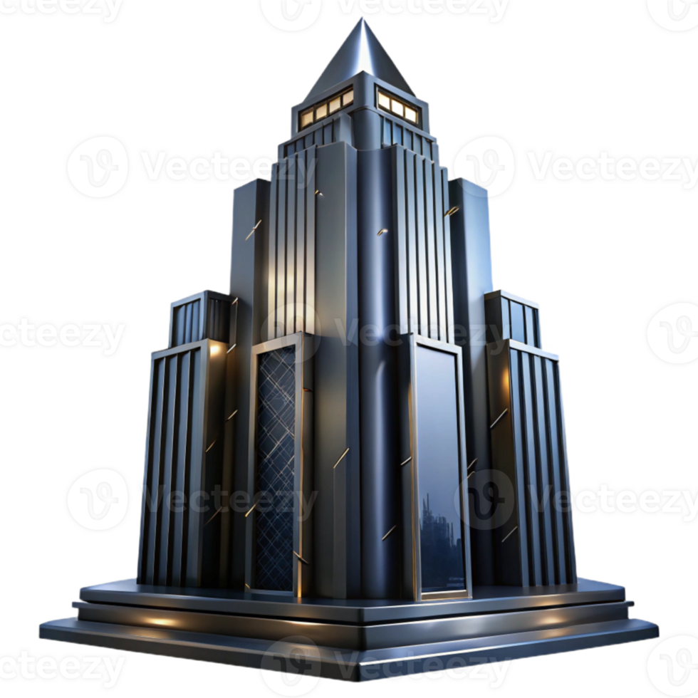 stunning traditional dramatic modern Art Deco skyscraper, chrome and black glass, sharp angles, volumetric lighting, rainy night, high contrast, original high resolution png
