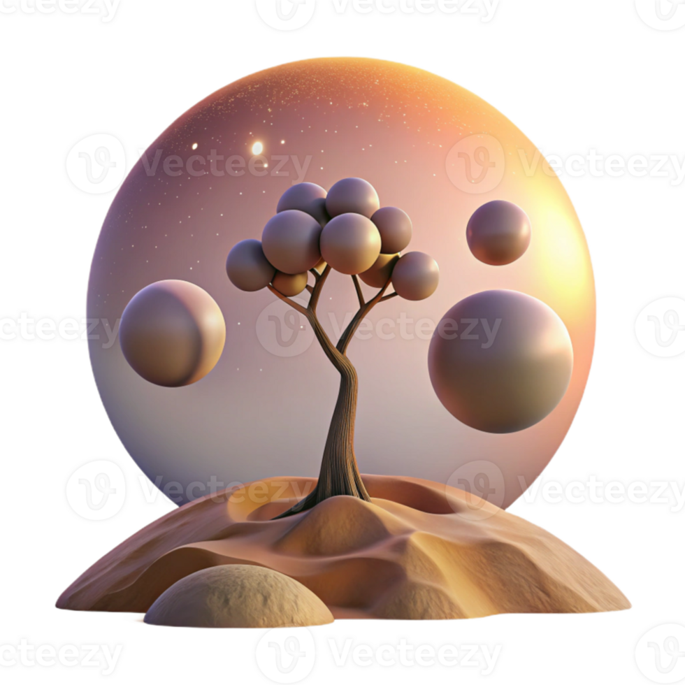 extraordinary creative magnificent creative A lone tree standing on a desolate planet with two moons in the sky, melancholic sunset lighting, surreal style professional authentic png