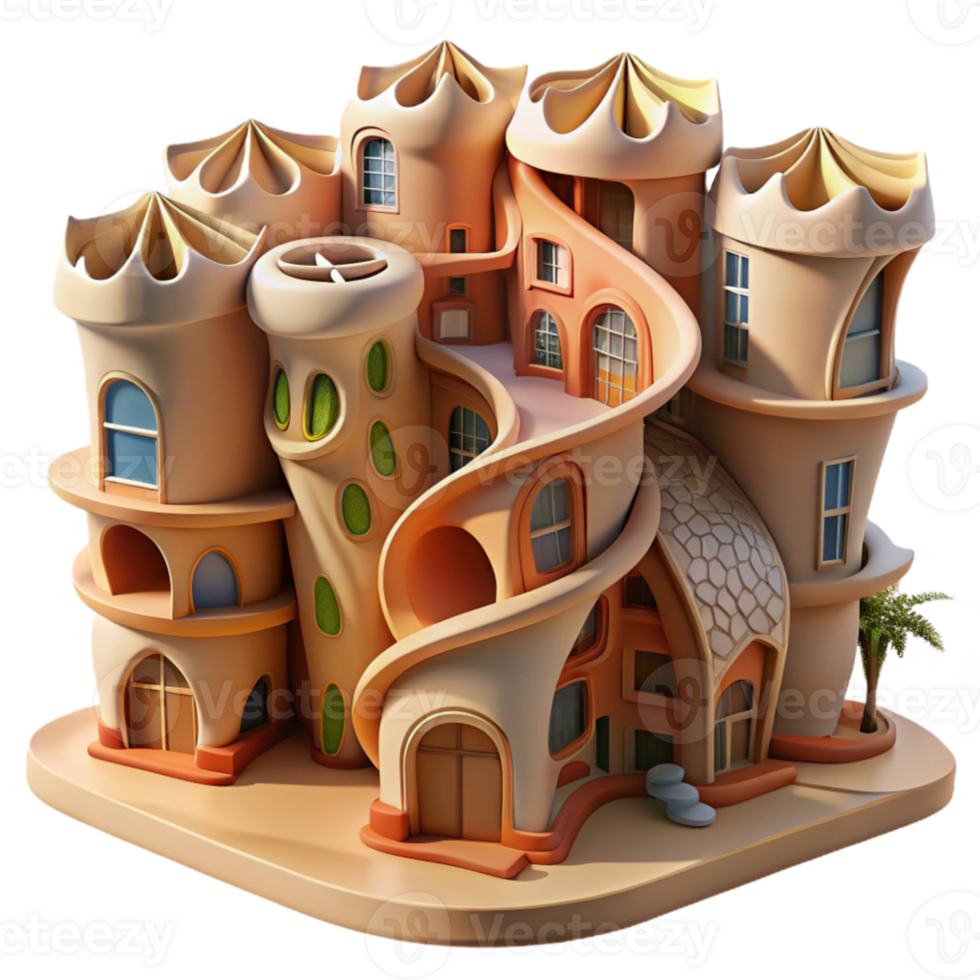 stunning abstract elegant modern Gaudi-inspired apartment complex, swirling organic forms, vibrant mosaic tiles, warm afternoon sunlight, dreamlike, exclusive professional png