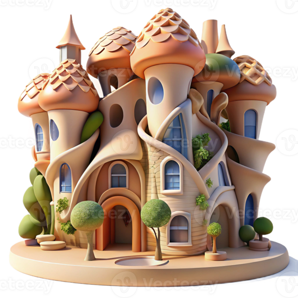 dramatic artistic vibrant minimalist Gaudi-inspired apartment complex, swirling organic forms, vibrant mosaic tiles, warm afternoon sunlight, dreamlike, 4K high resolution png
