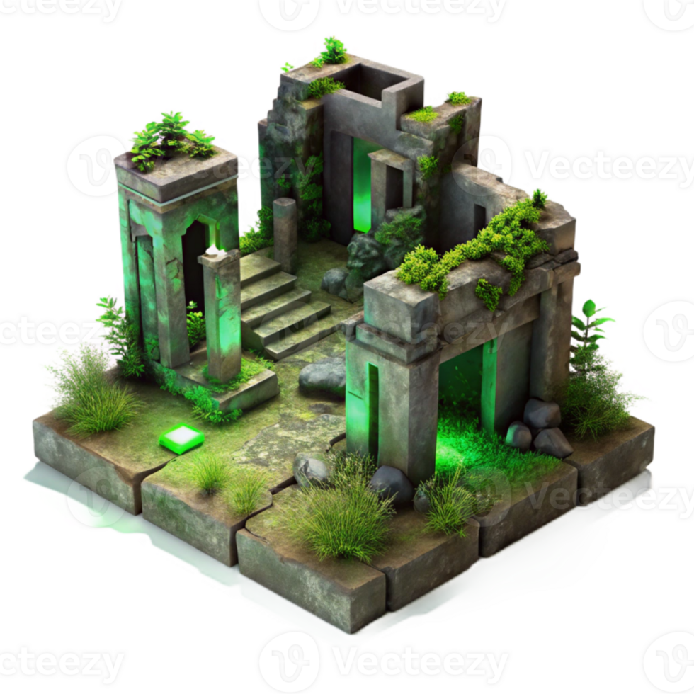 elegant rustic vibrant rustic Post-apocalyptic ruins, crumbling concrete, overgrown with vegetation, eerie green light, dystopian, professional genuine png