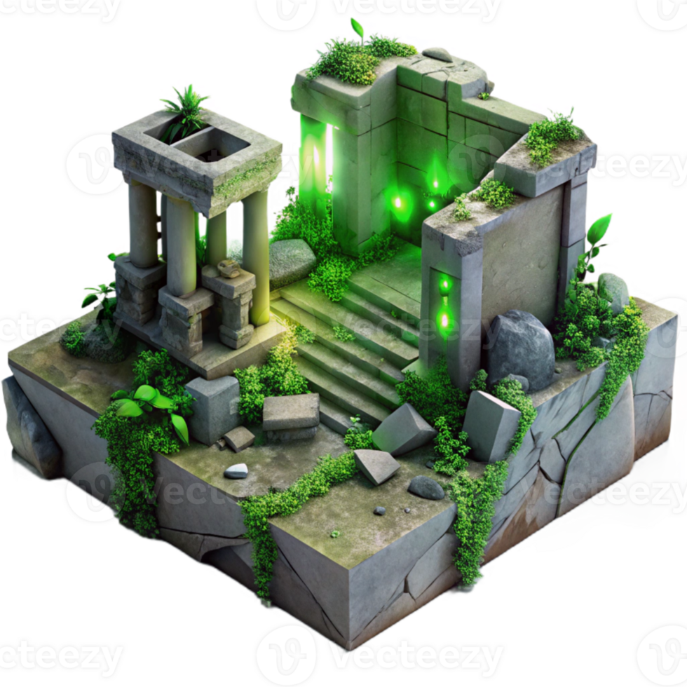 serene abstract magnificent rustic Post-apocalyptic ruins, crumbling concrete, overgrown with vegetation, eerie green light, dystopian, premium exclusive png