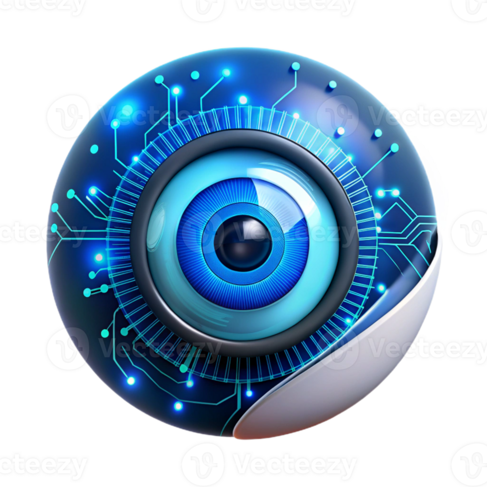 serene contemporary magnificent minimalist A human eye overlaid with a digital HUD interface, glowing blue and white data streams, cyberpunk style, dramatic lighting detailed premium png