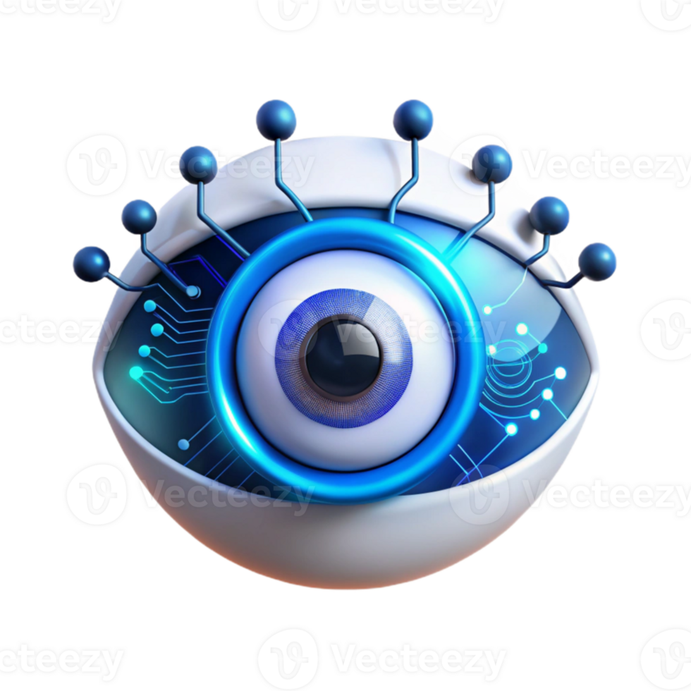 vibrant classic vibrant modern A human eye overlaid with a digital HUD interface, glowing blue and white data streams, cyberpunk style, dramatic lighting high quality high quality png
