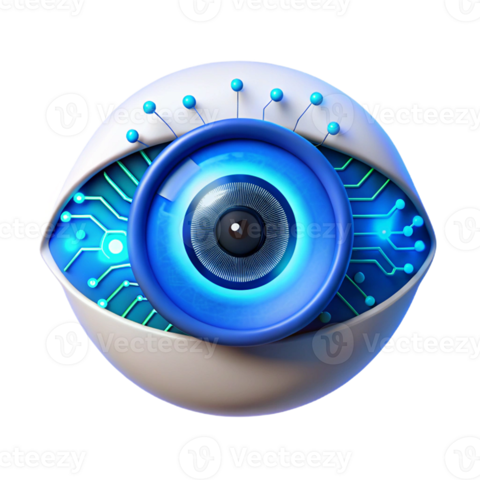 serene rustic stunning minimalist A human eye overlaid with a digital HUD interface, glowing blue and white data streams, cyberpunk style, dramatic lighting high quality high quality png