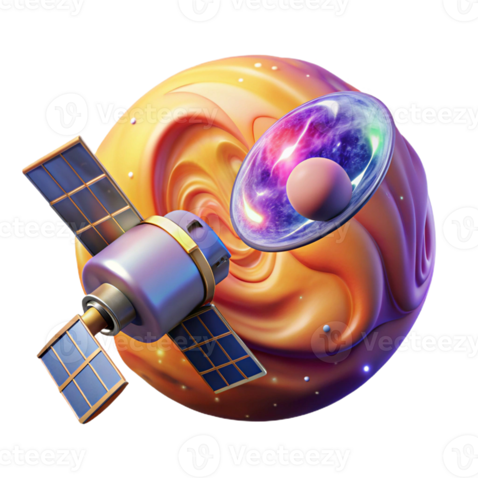 wonderful modern serene contemporary A satellite orbiting a vibrant, swirling nebula, detailed solar panels and antenna, cosmic and technological elements combined, realistic style high resolution... png