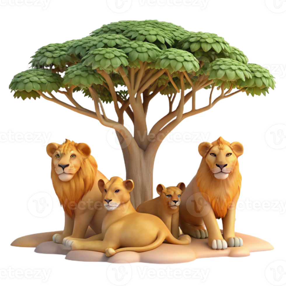 impressive modern dramatic rustic A pride of lions resting under the shade of an acacia tree in the African savanna, warm afternoon light, realistic style with a touch of impressionism high... png