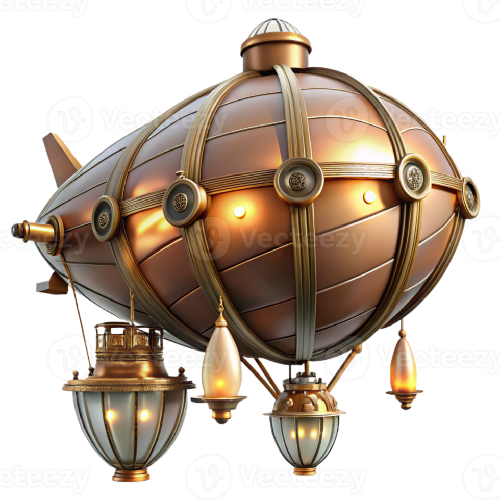 wonderful classic stunning modern A majestic steampunk airship, brass and copper gleaming under the warm glow of gaslight lamps, intricate clockwork gears visible, floating above a bustling city... png