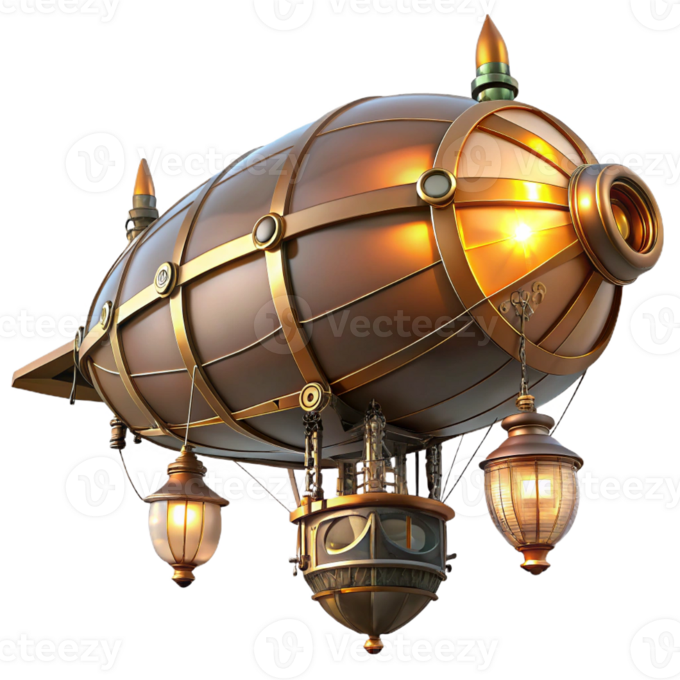 vibrant artistic vibrant artistic A majestic steampunk airship, brass and copper gleaming under the warm glow of gaslight lamps, intricate clockwork gears visible, floating above a bustling city... png