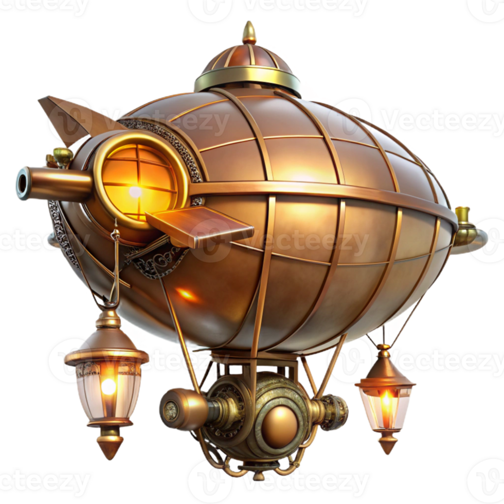 extraordinary creative magnificent contemporary A majestic steampunk airship, brass and copper gleaming under the warm glow of gaslight lamps, intricate clockwork gears visible, floating above a... png