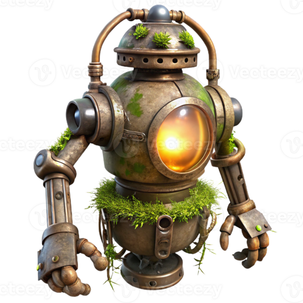 dramatic vintage stunning contemporary A decaying steampunk robot, vines and moss growing over its metallic frame, lit by a single ray of light piercing through the clouds premium high resolution png