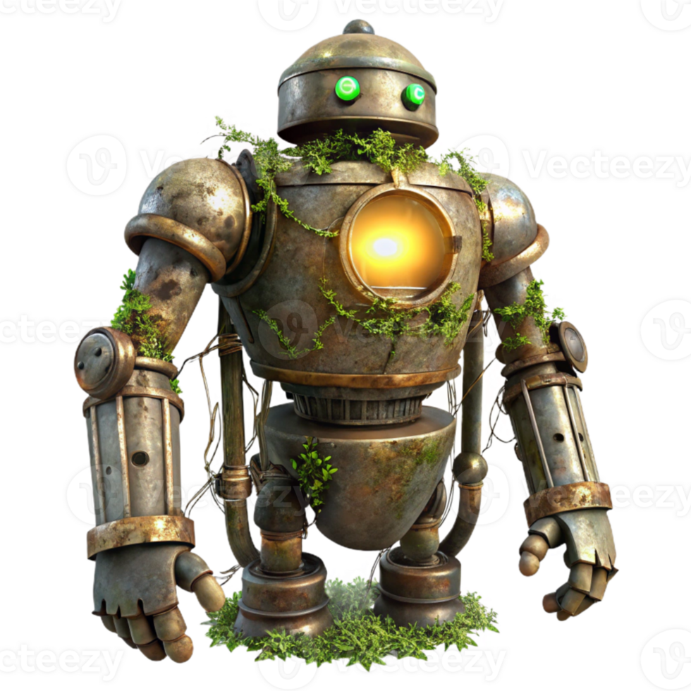 magnificent creative stunning rustic A decaying steampunk robot, vines and moss growing over its metallic frame, lit by a single ray of light piercing through the clouds high resolution detailed png