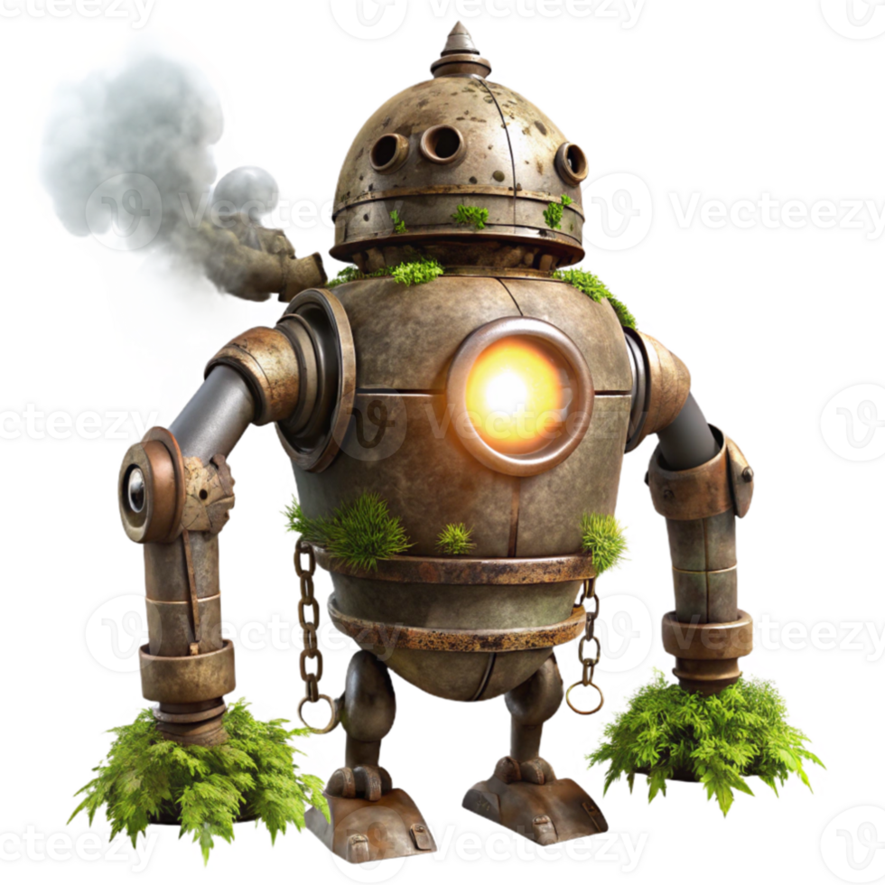 dramatic vintage magnificent vintage A decaying steampunk robot, vines and moss growing over its metallic frame, lit by a single ray of light piercing through the clouds high quality original png