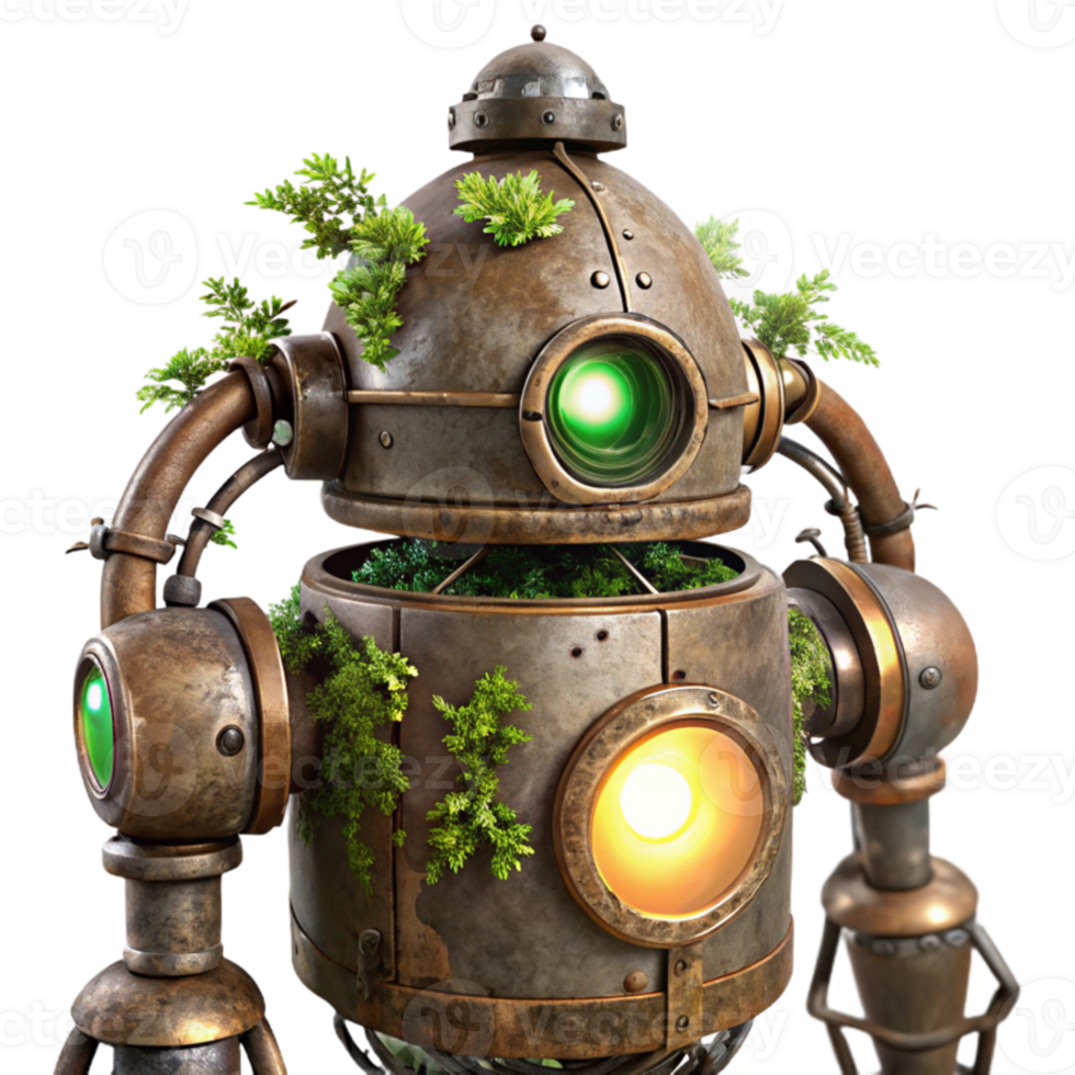 wonderful artistic vibrant abstract A decaying steampunk robot, vines and moss growing over its metallic frame, lit by a single ray of light piercing through the clouds original exclusive png