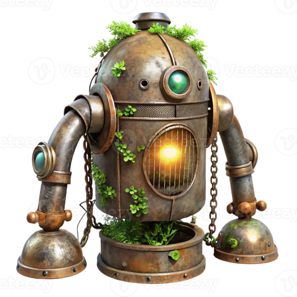 elegant minimalist extraordinary minimalist A decaying steampunk robot, vines and moss growing over its metallic frame, lit by a single ray of light piercing through the clouds original exclusive png