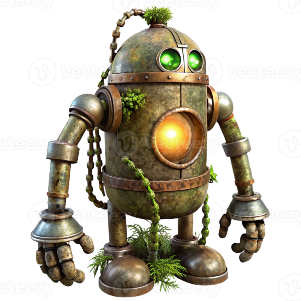 elegant artistic dramatic rustic A decaying steampunk robot, vines and moss growing over its metallic frame, lit by a single ray of light piercing through the clouds detailed exclusive png