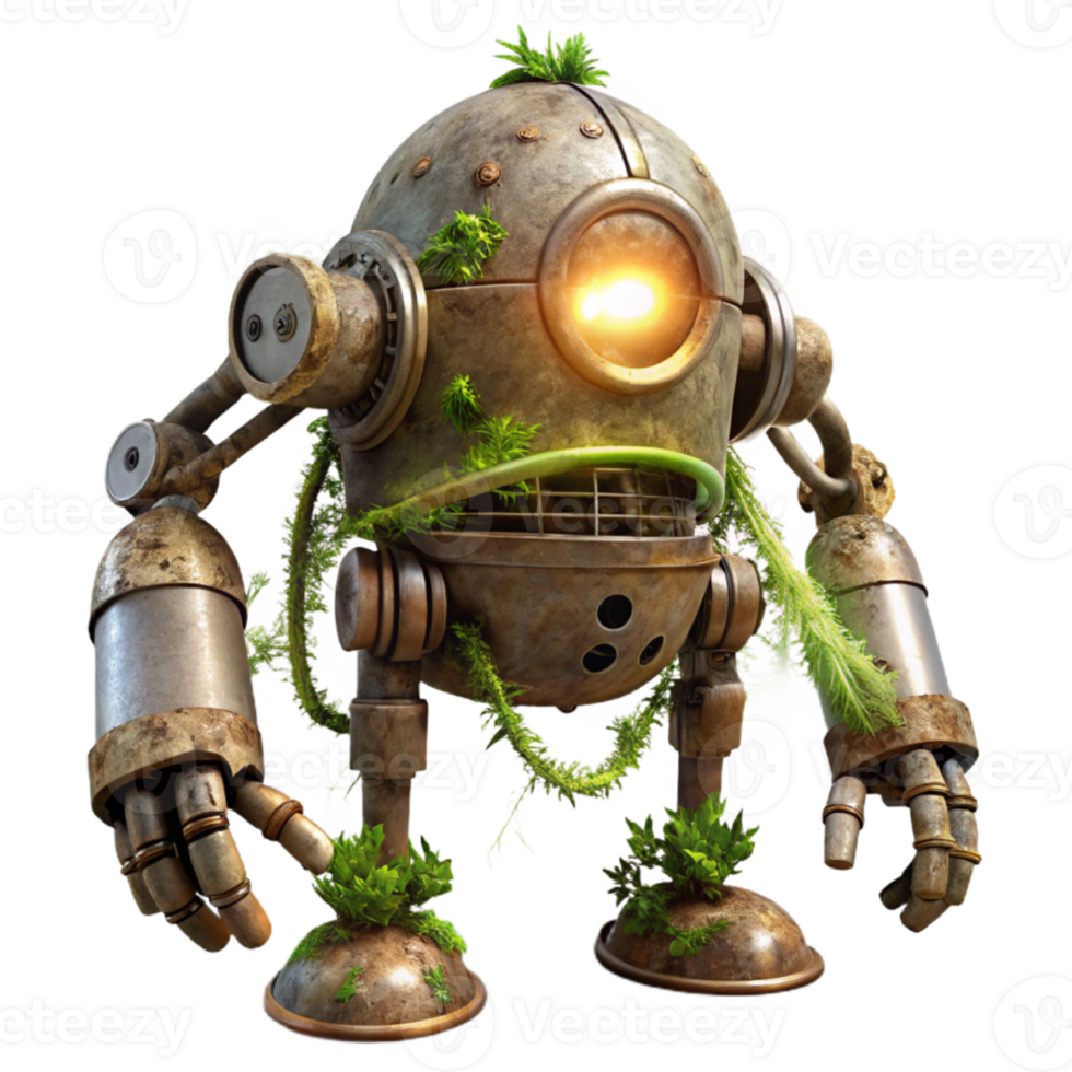 dramatic classic magnificent classic A decaying steampunk robot, vines and moss growing over its metallic frame, lit by a single ray of light piercing through the clouds genuine genuine png