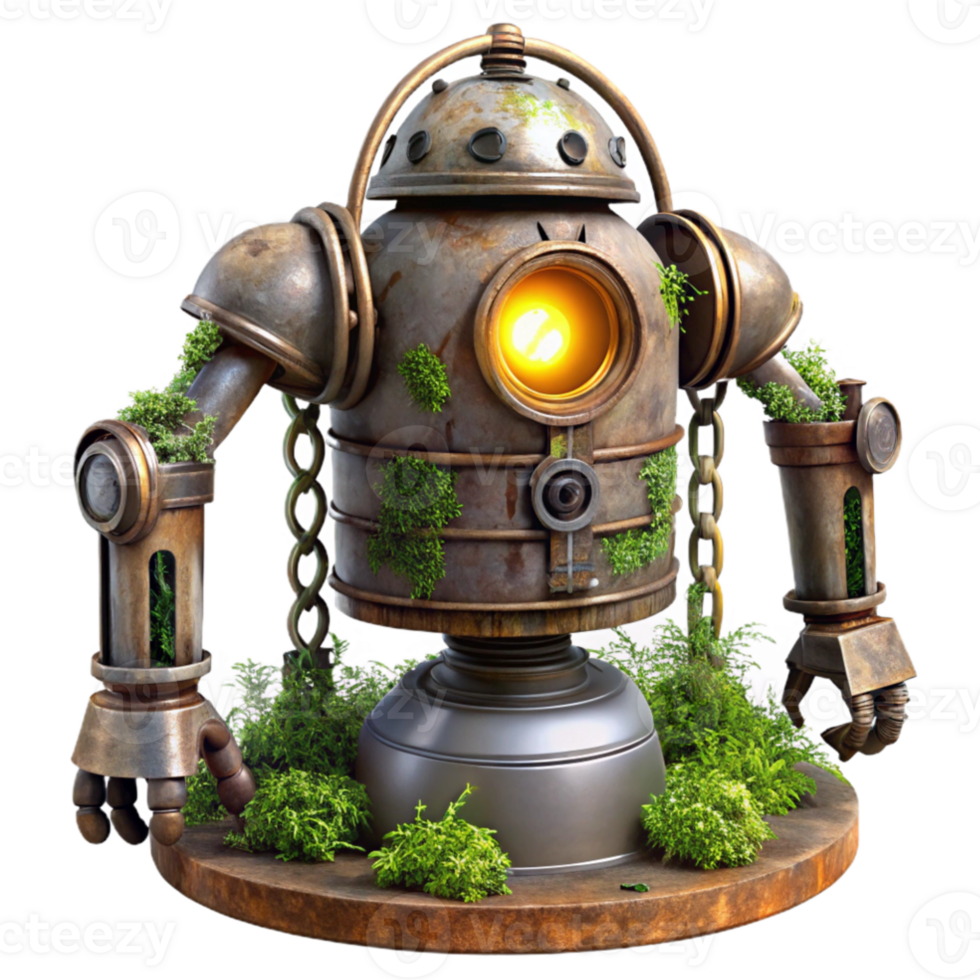 dramatic creative dramatic classic A decaying steampunk robot, vines and moss growing over its metallic frame, lit by a single ray of light piercing through the clouds exclusive detailed png