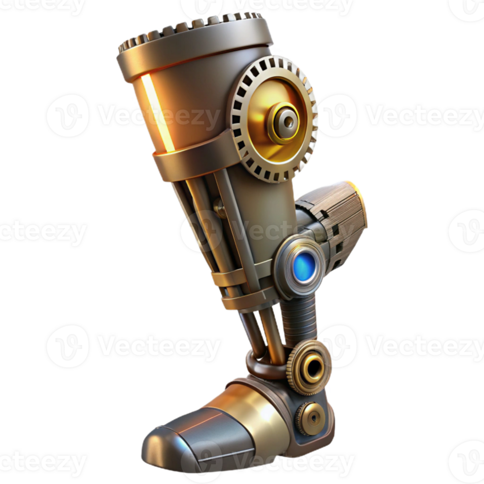 vibrant vintage impressive rustic A close-up of a steampunk prosthetic leg, intricate gears and pistons visible, lit by a cool, clinical light professional original png