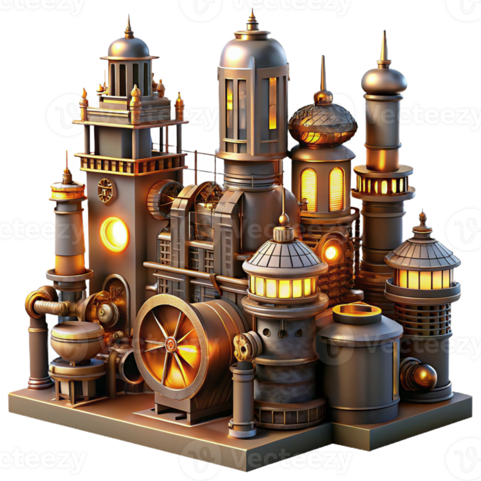 beautiful minimalist magnificent creative A steampunk cityscape, towering buildings adorned with gears and pipes, lit by the warm glow of countless gaslights, futuristic and dystopian style... png