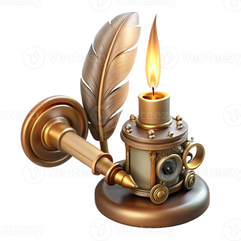 extraordinary creative vibrant modern A steampunk automaton writing with a quill pen, intricate clockwork mechanisms visible beneath its brass casing, lit by a single candle 4K 4K png