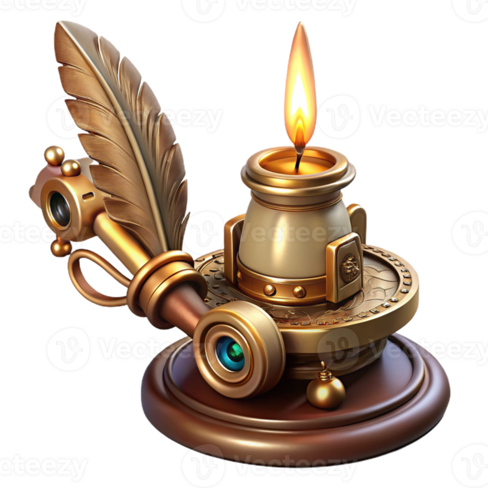 vibrant contemporary vibrant traditional A steampunk automaton writing with a quill pen, intricate clockwork mechanisms visible beneath its brass casing, lit by a single candle premium 4K png