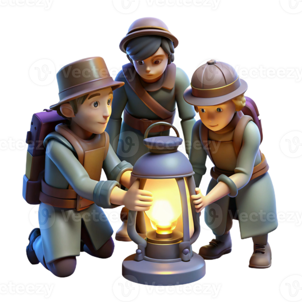 stunning abstract impressive classic A group of steampunk explorers examining a mysterious artifact, lit by the flickering light of their lanterns, dark and mysterious style professional detailed png