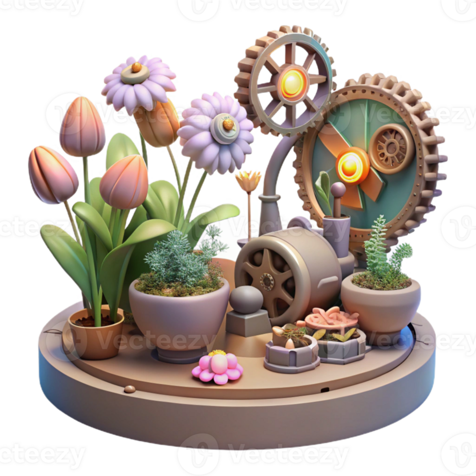 dramatic vintage serene creative A serene scene of a steampunk garden, filled with mechanical flowers and robotic butterflies, lit by the soft glow of artificial sunlight premium professional png