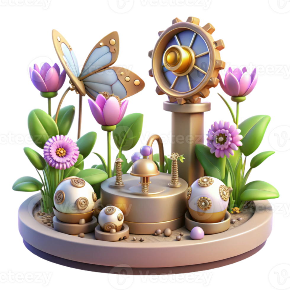 magnificent creative beautiful contemporary A serene scene of a steampunk garden, filled with mechanical flowers and robotic butterflies, lit by the soft glow of artificial sunlight original 4K png