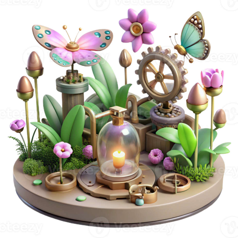 impressive classic magnificent minimalist A serene scene of a steampunk garden, filled with mechanical flowers and robotic butterflies, lit by the soft glow of artificial sunlight original high... png