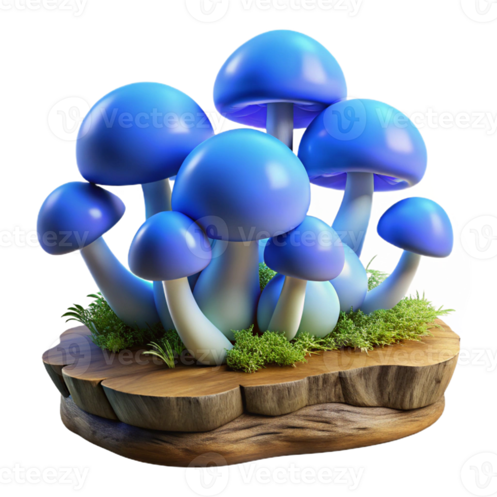 impressive classic extraordinary creative A cluster of iridescent blue mushrooms growing on a moss-covered log, soft diffuse lighting, fantasy art style original high quality png