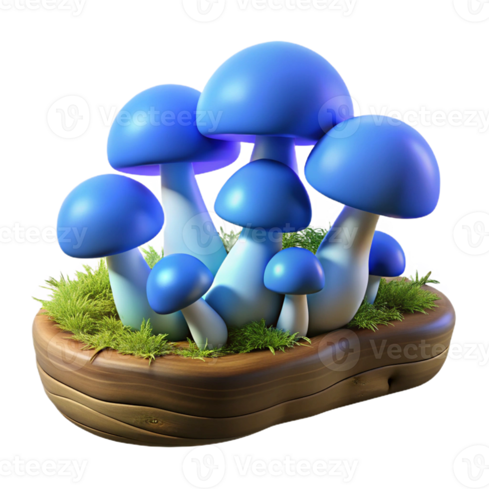 beautiful traditional wonderful classic A cluster of iridescent blue mushrooms growing on a moss-covered log, soft diffuse lighting, fantasy art style original detailed png