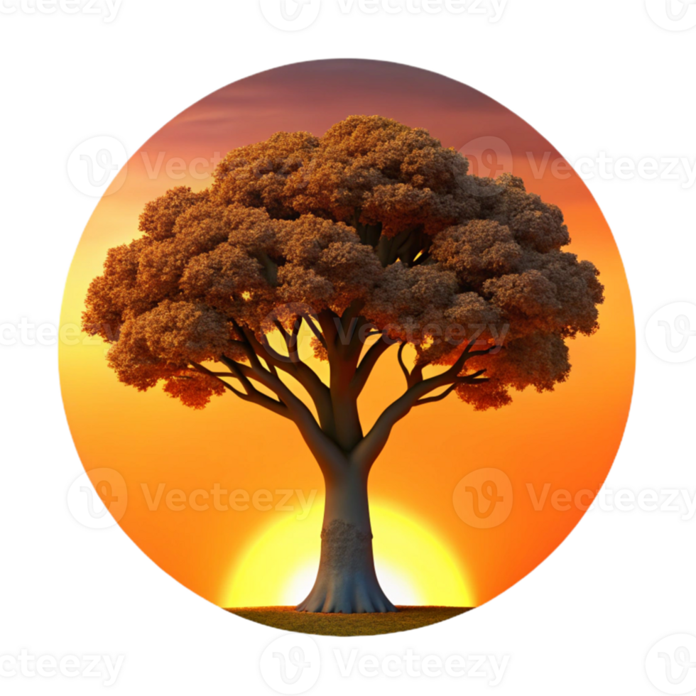 serene traditional dramatic creative A solitary ancient oak tree silhouetted against a fiery orange sunset, dramatic lighting, painterly style high resolution high quality png