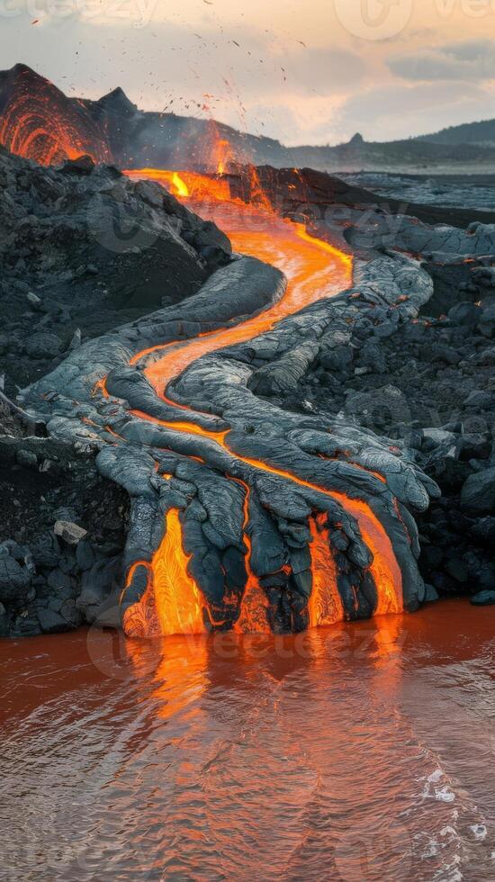 Lava flowing into the ocean at sunset photo