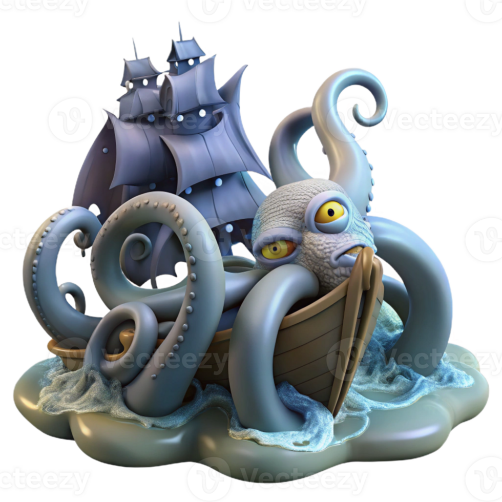 magnificent classic impressive artistic A colossal kraken emerging from a stormy sea, its tentacles wrapped around a sinking galleon, lit by flashes of lightning.... png