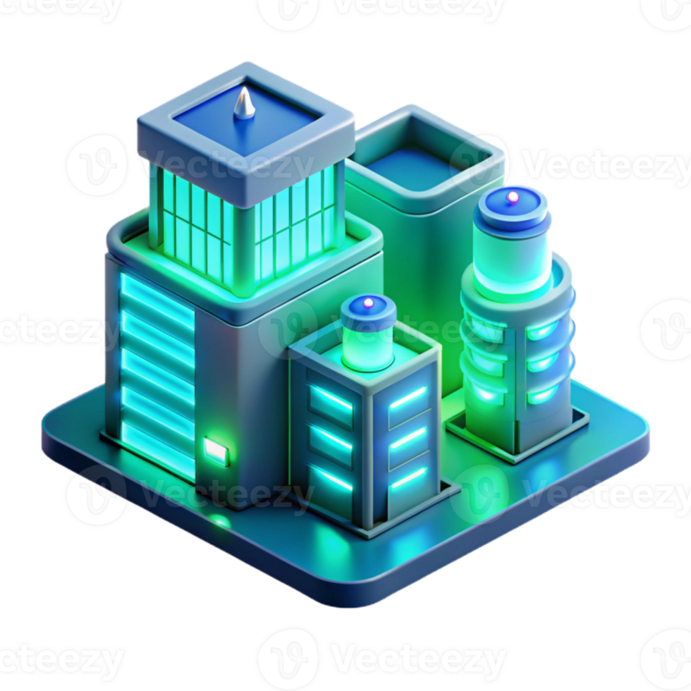 wonderful creative extraordinary minimalist A futuristic, bioluminescent apartment complex, glowing blue and green, ethereal, isometric view, premium premium png