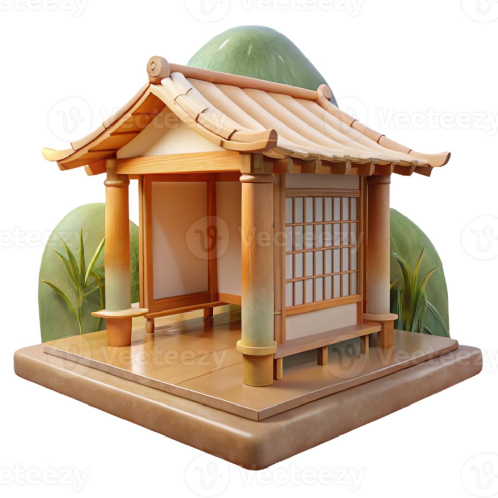 serene rustic wonderful modern A minimalist Japanese tea house, made of bamboo and rice paper, soft natural light, serene, watercolor painting, original exclusive png