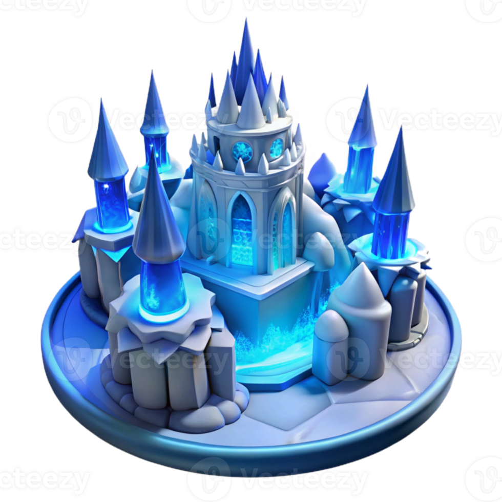 vibrant contemporary impressive rustic An ice castle, intricate ice sculptures, blue and white lighting, frozen landscape, magical, authentic genuine png