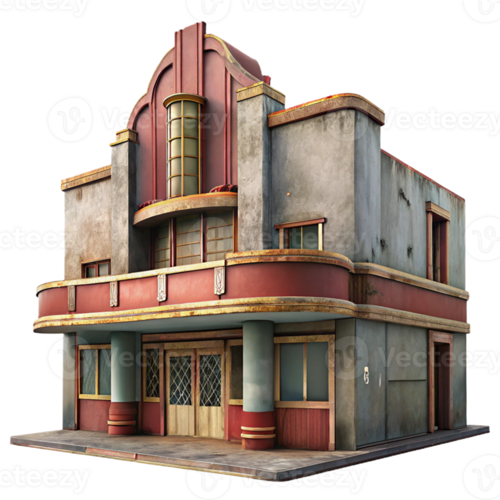 beautiful contemporary beautiful creative A dilapidated Art Deco cinema, faded paint and broken windows, dusty interior, melancholic, vintage photography, 4K professional png