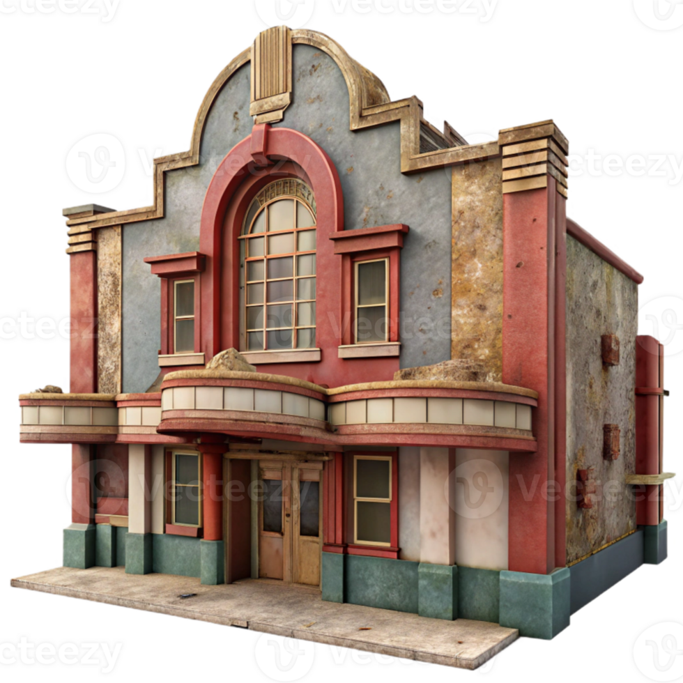 magnificent creative stunning minimalist A dilapidated Art Deco cinema, faded paint and broken windows, dusty interior, melancholic, vintage photography, authentic exclusive png