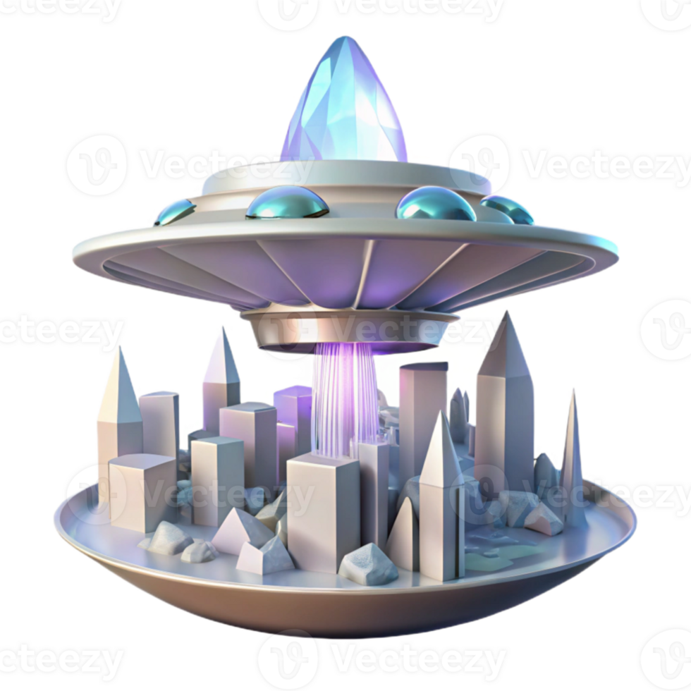 stunning traditional dramatic minimalist A giant, crystalline alien artifact hovering over a futuristic city, soft, ethereal lighting, surreal style 4K high resolution png