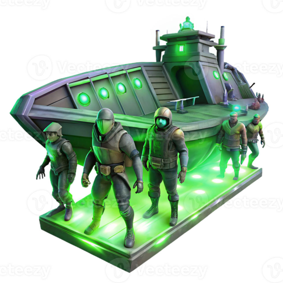 extraordinary rustic stunning minimalist A group of space pirates boarding a derelict spaceship, eerie green lighting, digital painting style detailed original png