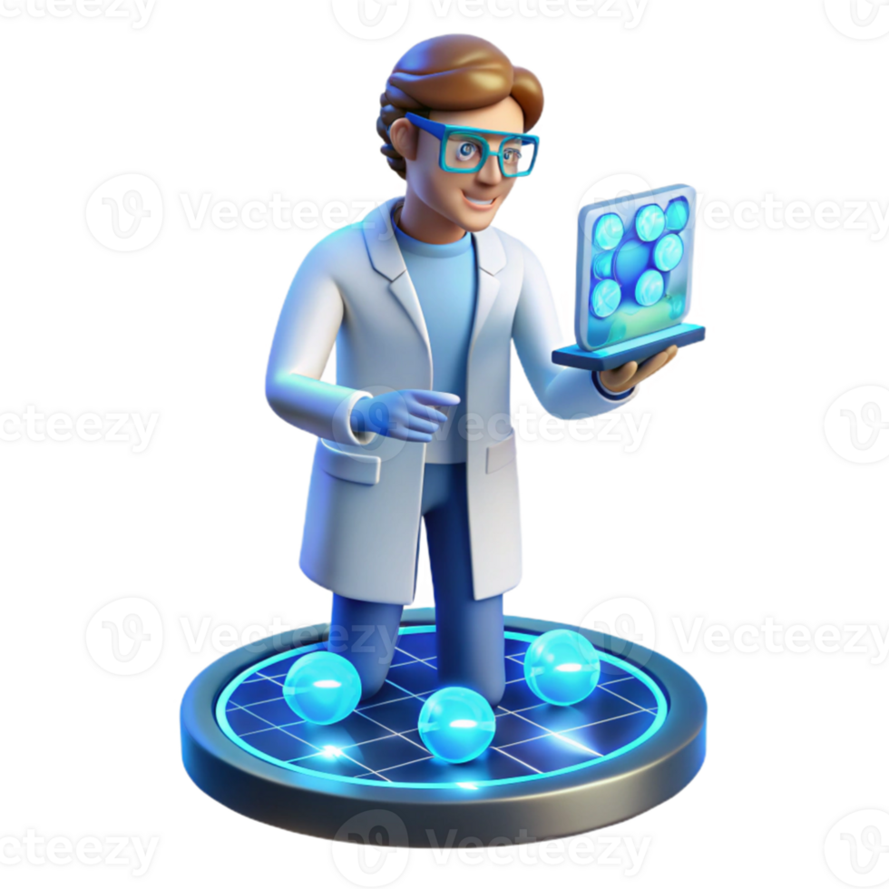magnificent minimalist magnificent vintage A scientist working on a complex holographic interface, cool, blue lighting, photorealistic style detailed premium png