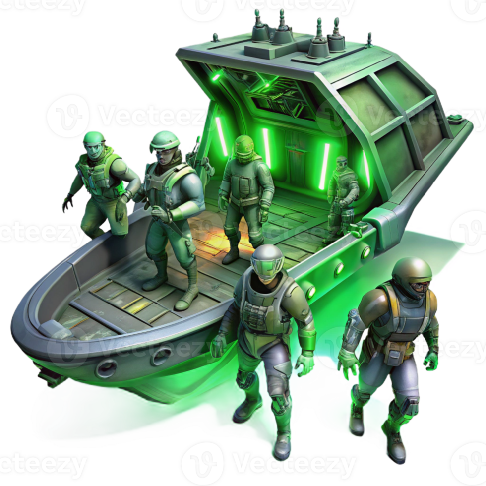 wonderful traditional vibrant artistic A group of space pirates boarding a derelict spaceship, eerie green lighting, digital painting style high resolution 4K png