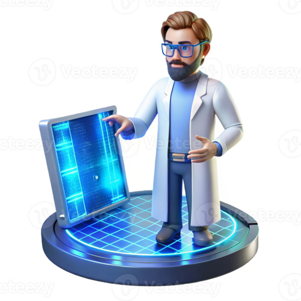 dramatic modern elegant traditional A scientist working on a complex holographic interface, cool, blue lighting, photorealistic style 4K authentic png
