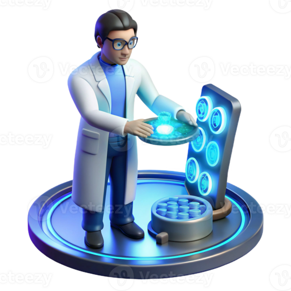 magnificent traditional impressive artistic A scientist working on a complex holographic interface, cool, blue lighting, photorealistic style authentic high quality png